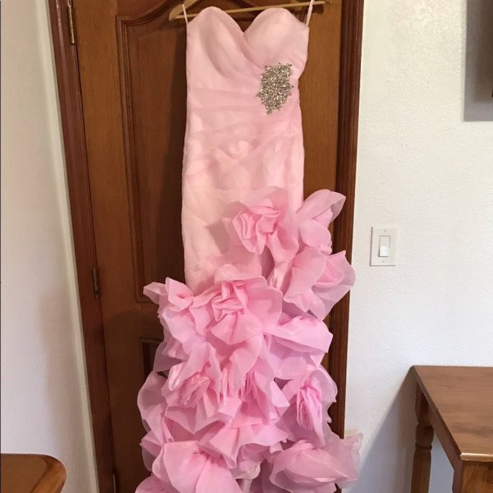 Pink flower embellished prom dress